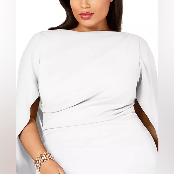 Betsy & Adam Plus Size Ruched Cape Dress in White - Picture 4 of 7